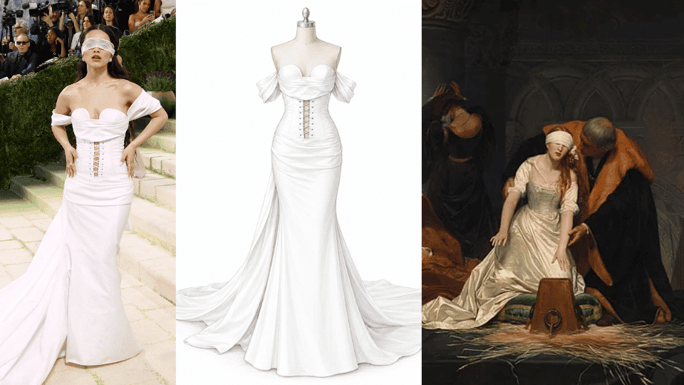 rachel zegler in prabal gurung white gown with sheer blindfold at met gala