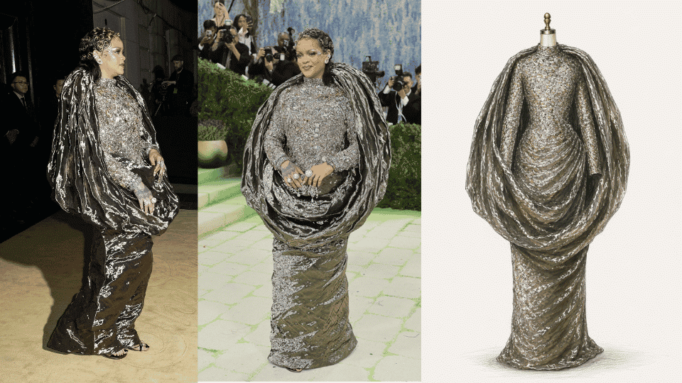 rihanna in maison margiela artisanal crystal gown with gold draped shawl at met gala
