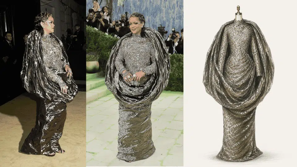 rihanna in maison margiela artisanal crystal gown with gold draped shawl at met gala