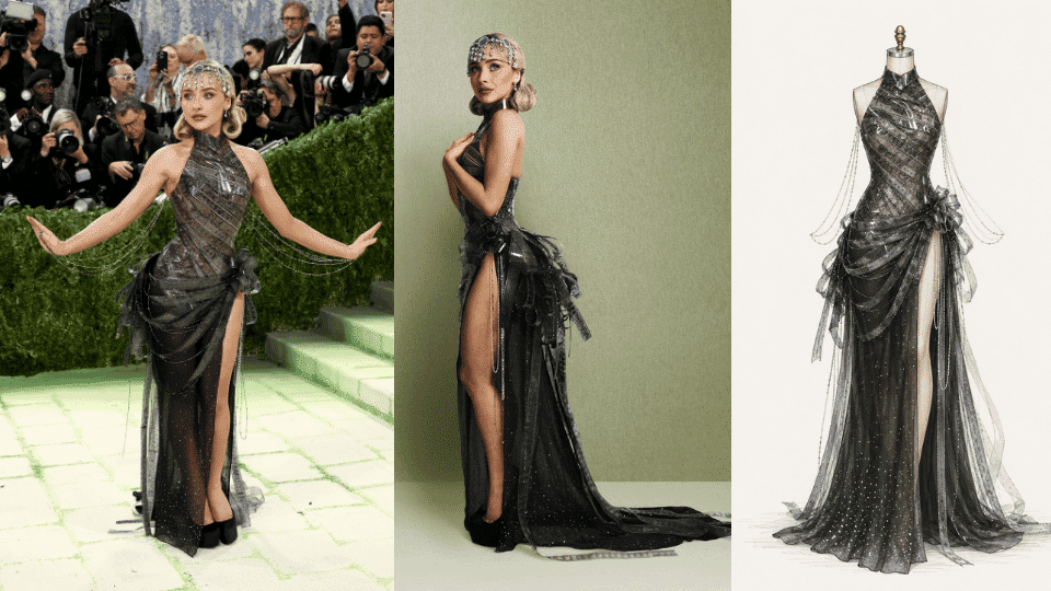 sabrina carpenter in dior film strip gown with rhinestone detailing at met gala