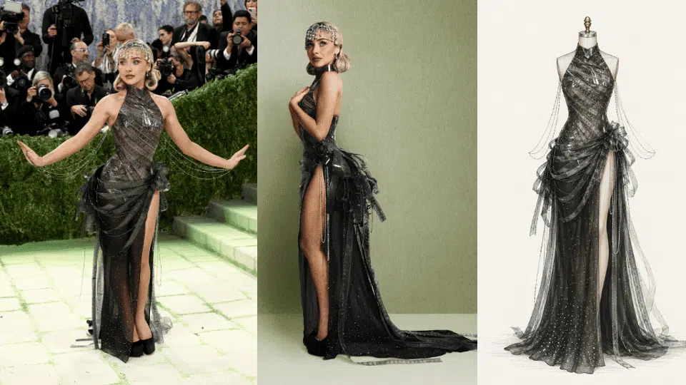sabrina carpenter in dior film strip gown with rhinestone detailing at met gala