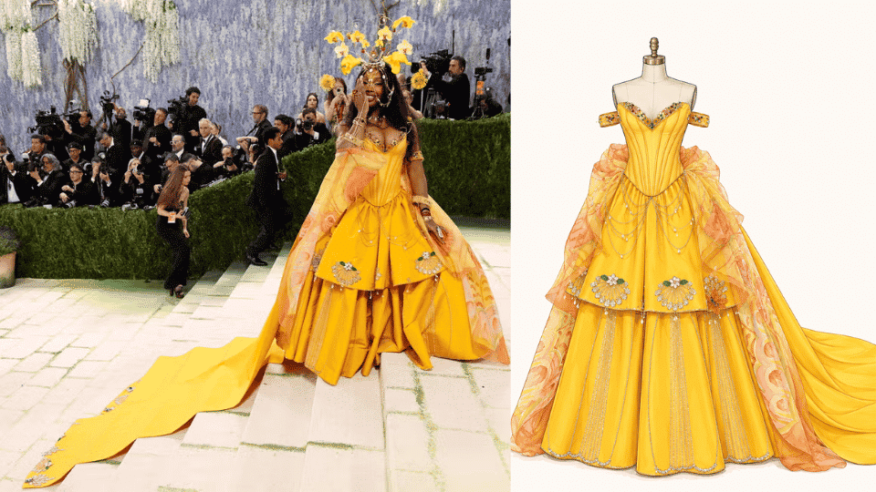 sza in bode patchwork gown made from vintage ebay sourced fabrics