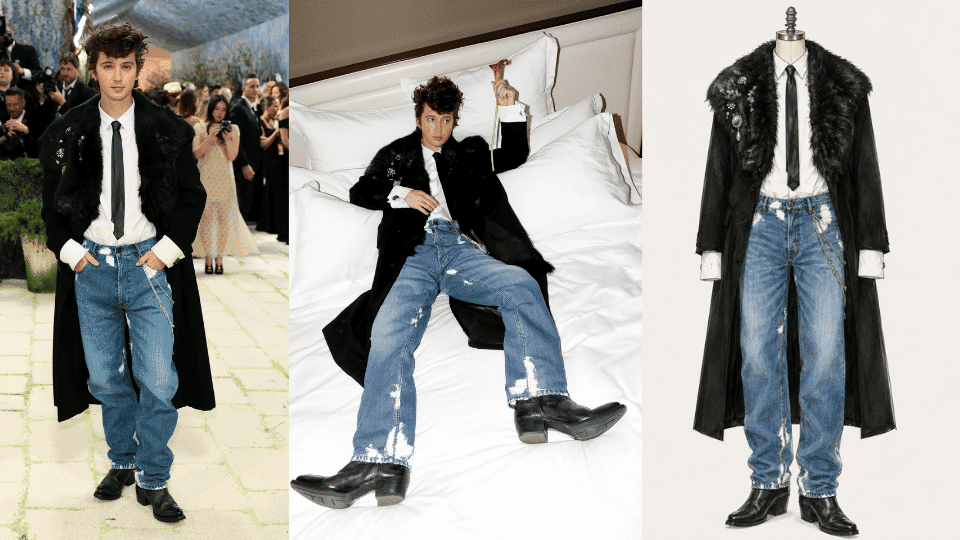 troye sivan in prada denim look with fur trimmed coat at met gala