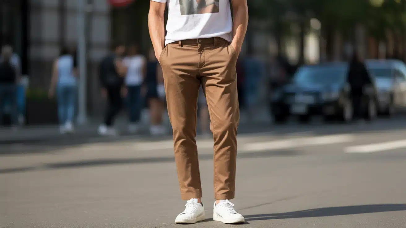 Casual brown chinos outfit with a white graphic tee and white sneakers