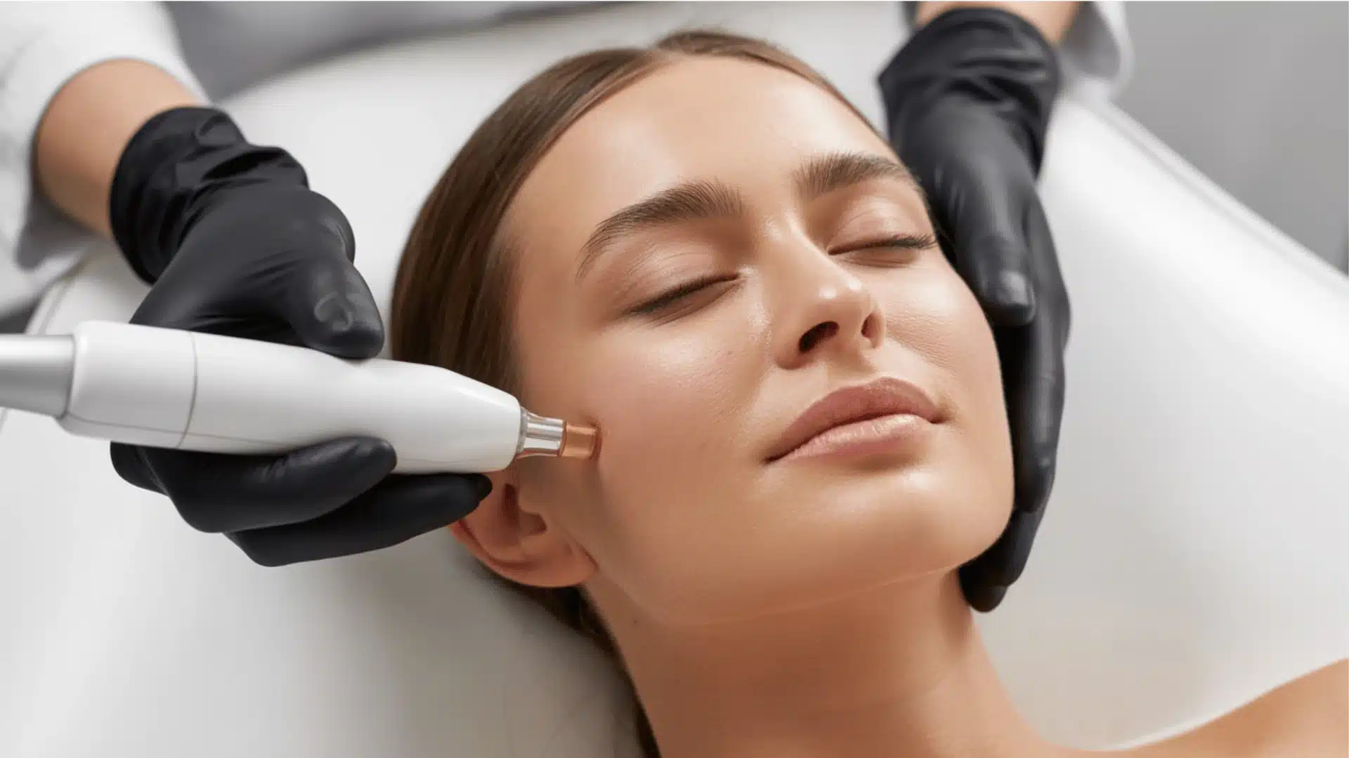 a close-up medical procedure photograph showing a professional skincare treatment
