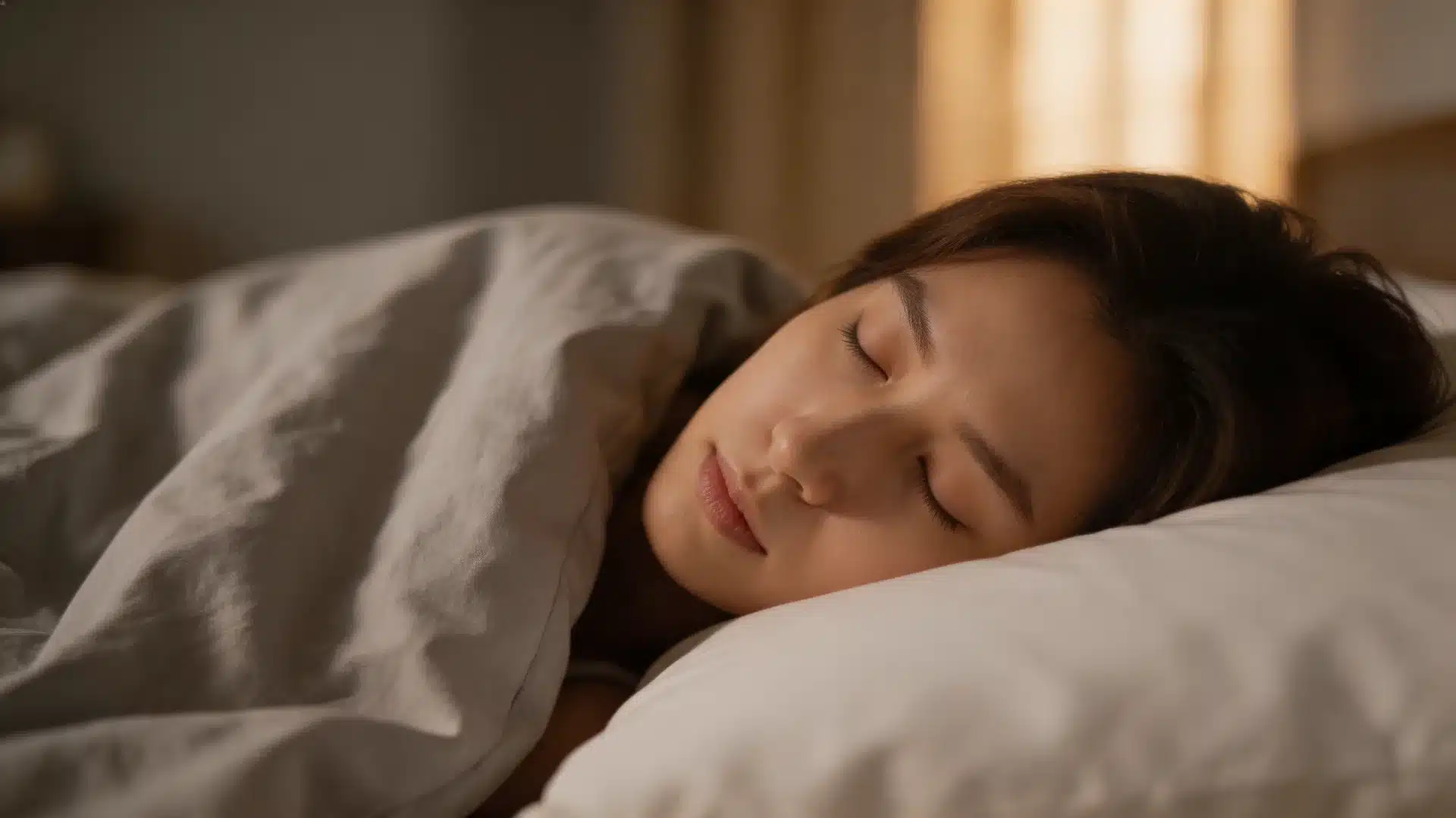 a close-up of a woman sleeping peacefully on a white pillow under soft linen bedding in warm early morning light
