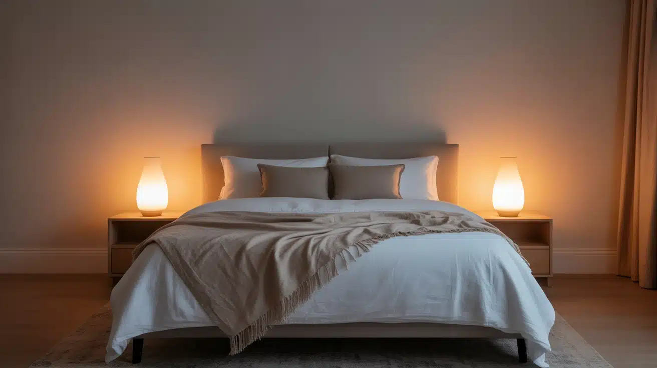 a clutter-free feng shui bedroom with warm lighting and soft linen bedding for better sleep