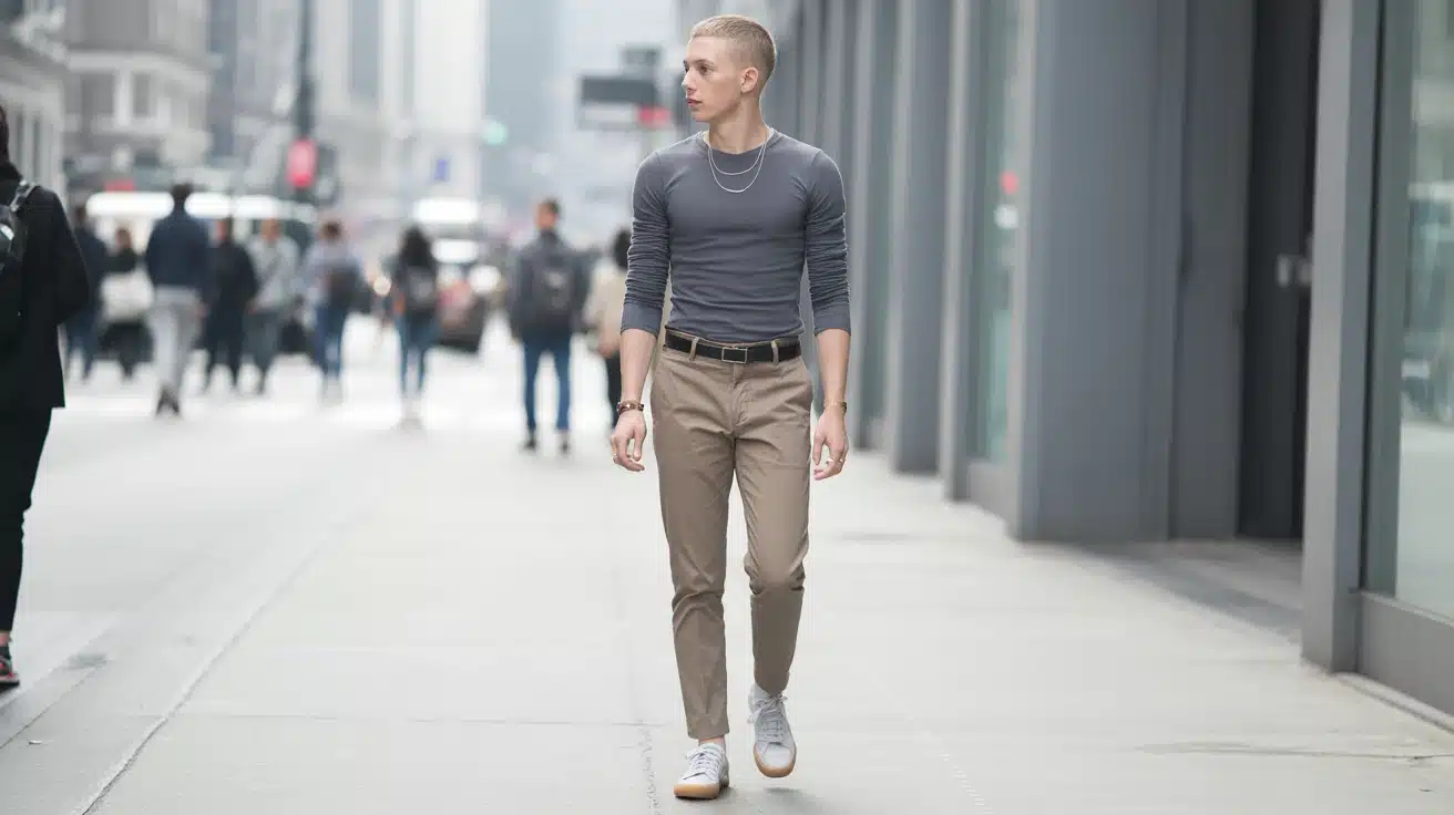 a cool, minimal look with a gray shirt and khaki pants, perfect for smart-casual occasions