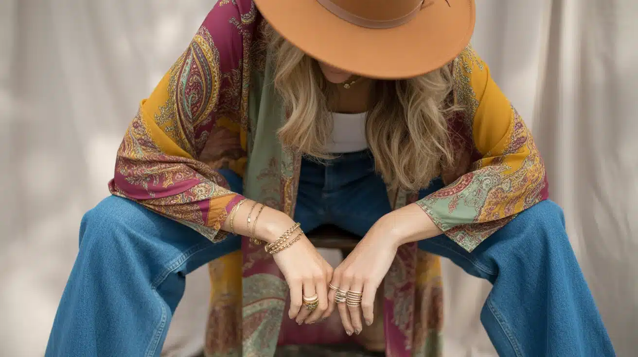 Floral kimono draped over jeans with stacked rings and ankle boots