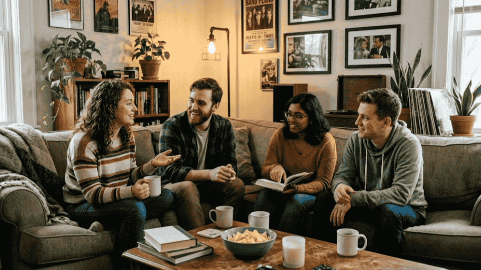 a goup of friends talking about some interesting topic and debating in a friendly manner