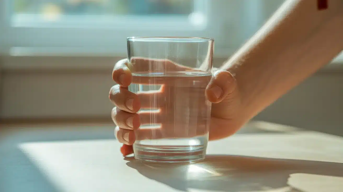 a hand holding a clear glass of water on a white surface in bright natural sunlight streaming through a window