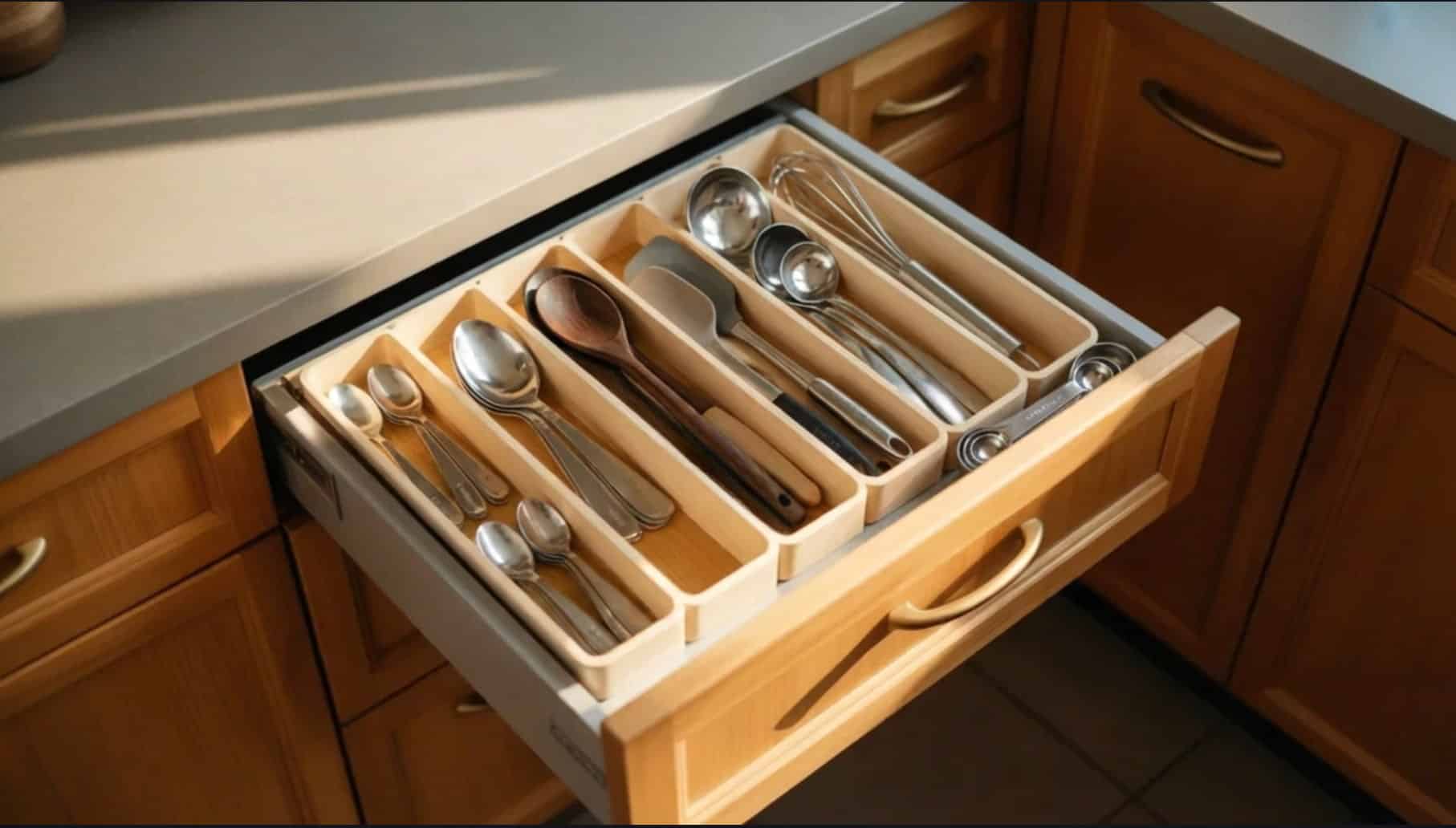 a kitchen drawer neatly organized with various utensils, including spoons, tongs, and measuring spoons in compartments