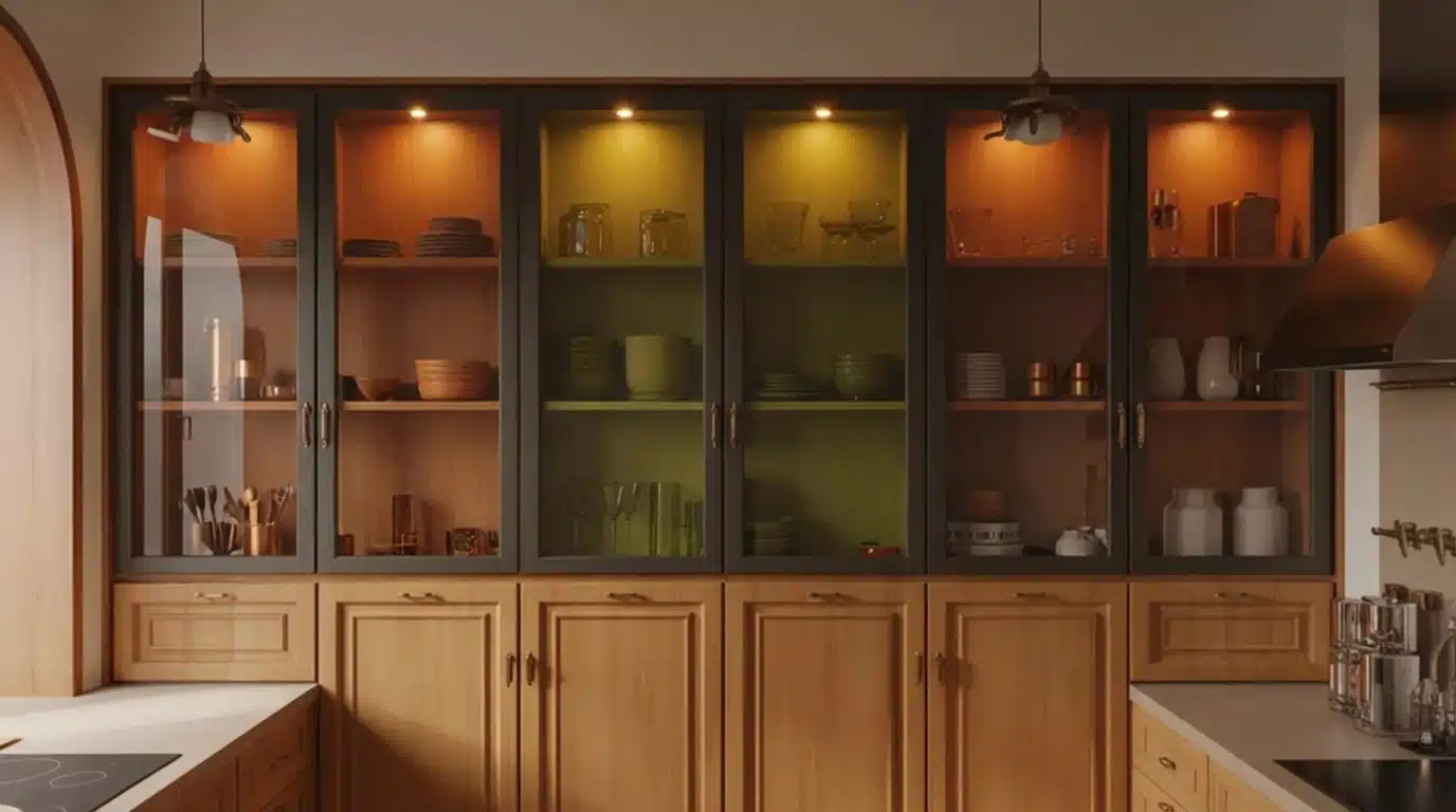 a kitchen with wooden cabinetry, glass-fronted shelves illuminated by lights, and various plates and glassware inside
