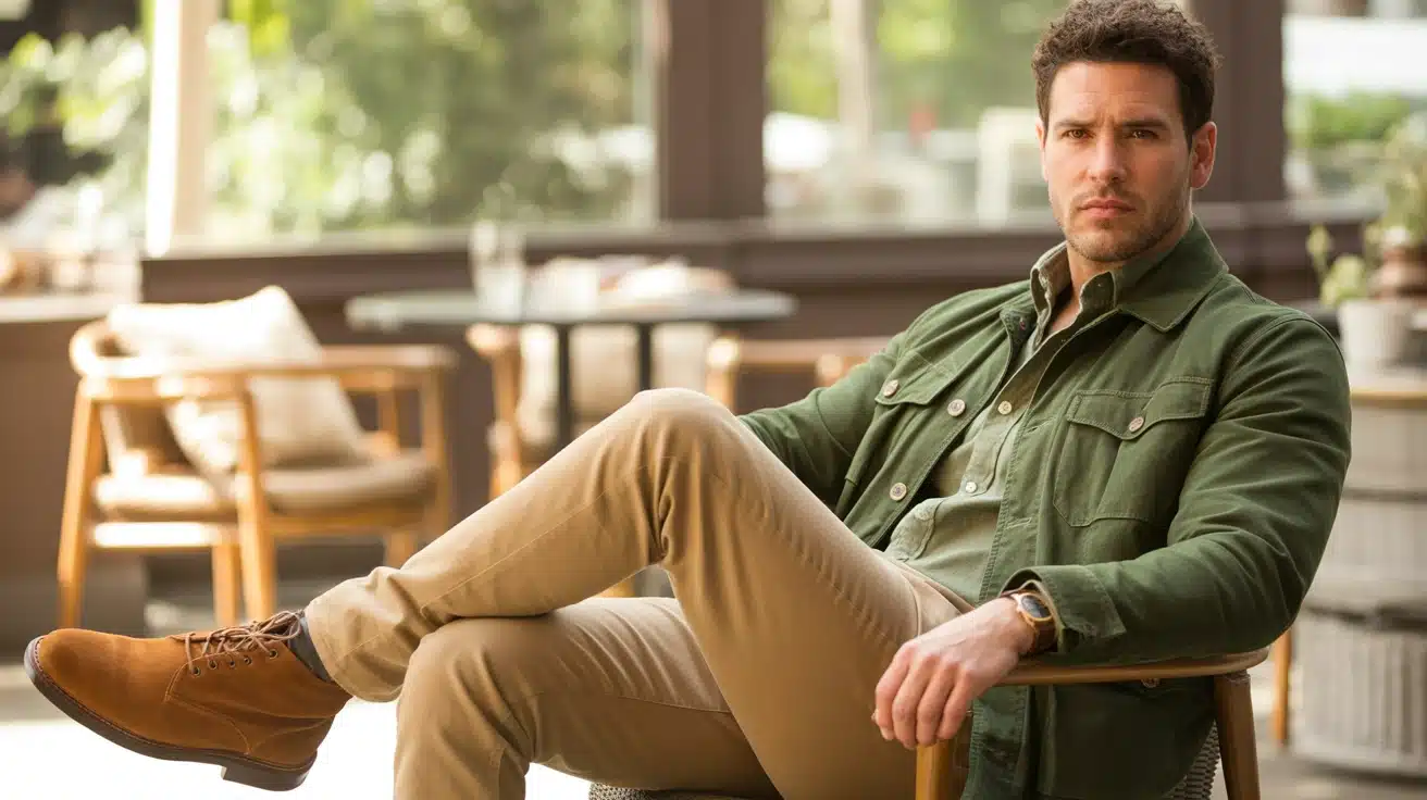 a man in an olive shirt and beige chinos stands outdoors in front of a rustic stone backdrop, looking thoughtfully to his lef