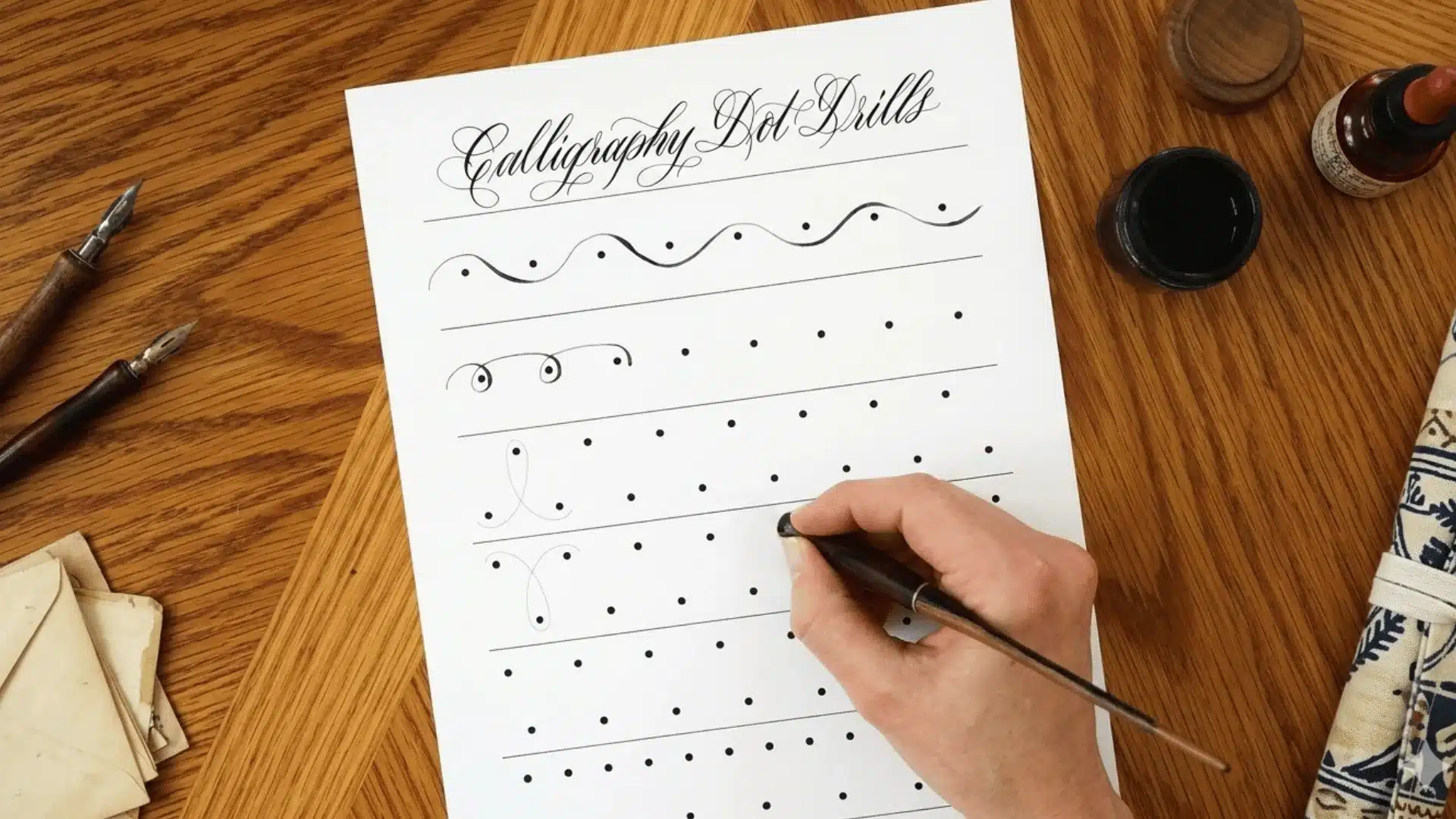 a person uses a calligrapghy dot drills worksheet to practice pointed pen calligraphy spacing exercises