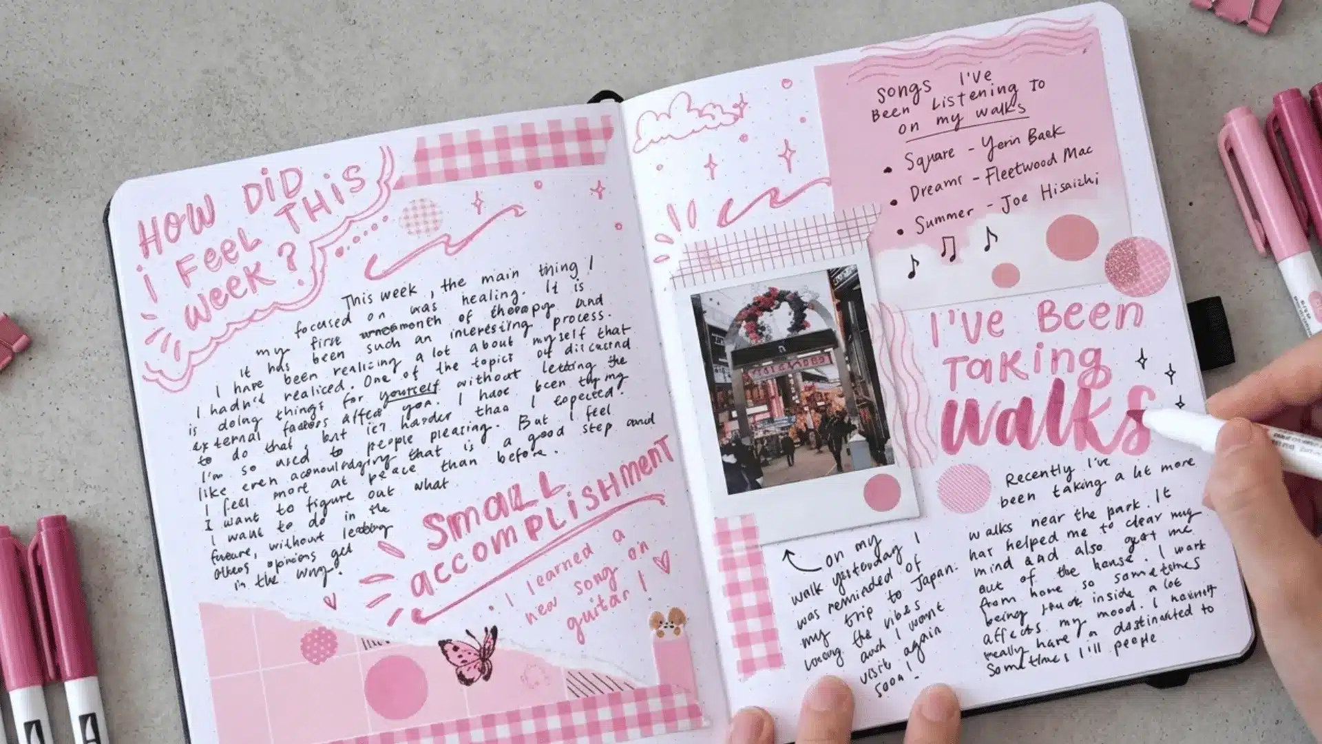a pink them creative journaling with a couple of pen and color pen the image show beauty