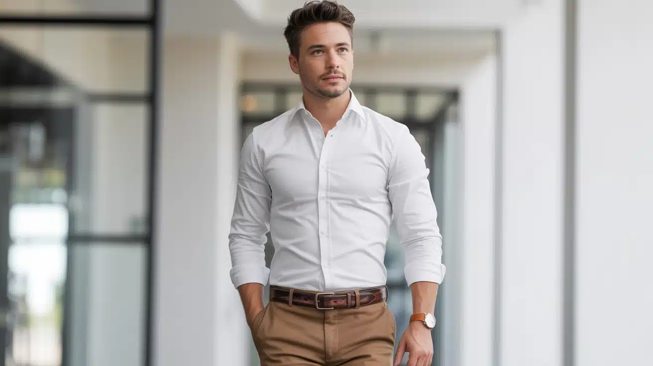 a polished look with a classic white shirt and slim-fit khakis, perfect for work or casual settings