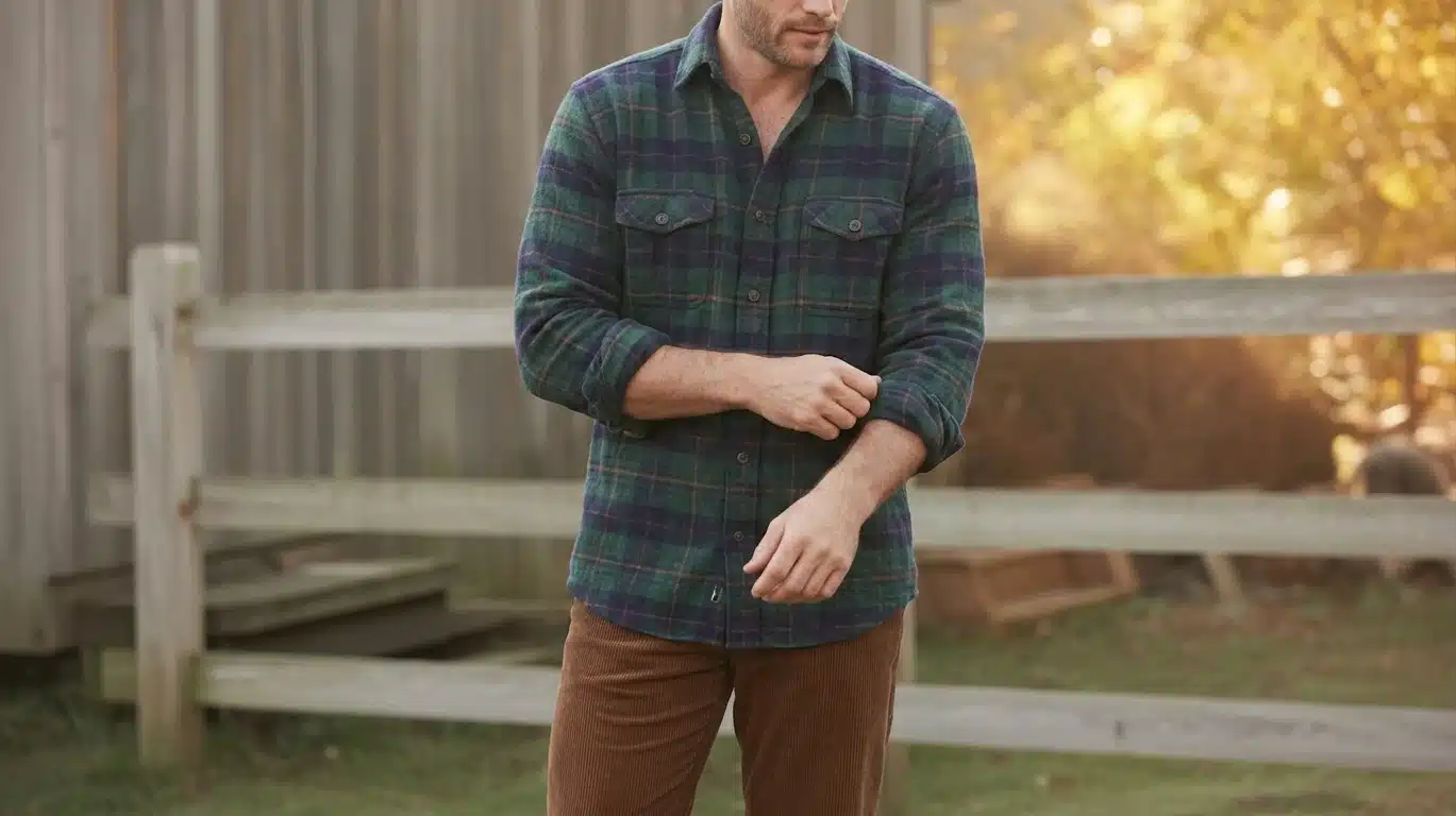 Brown pants and a casual plaid button-down shirt