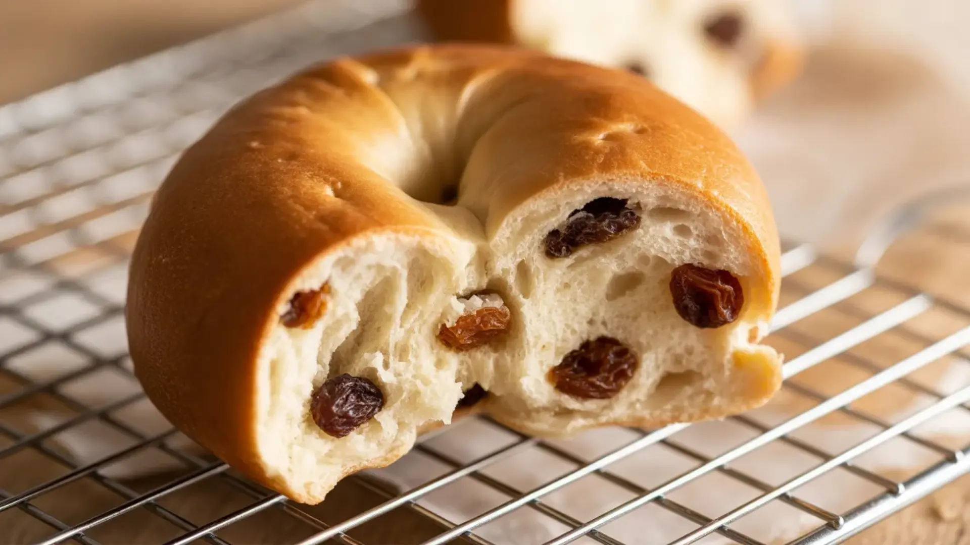 a soft cinnamon raisin bagel torn open to reveal plump raisins inside resting on a metal cooling rack