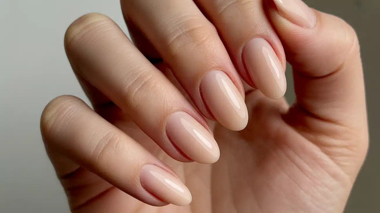 almond shaped nude nails emphasizing length and smooth shape while keeping color simple and close to skin tone