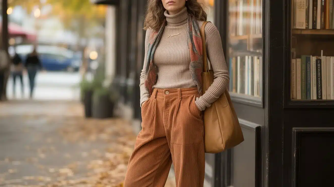 Corduroy pants with turtleneck sweater, scarf, and tote bag in golden hour street style