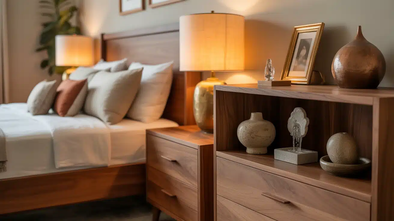 balanced bedroom with wooden furniture warm lighting and ceramic accessories creating a grounded feel