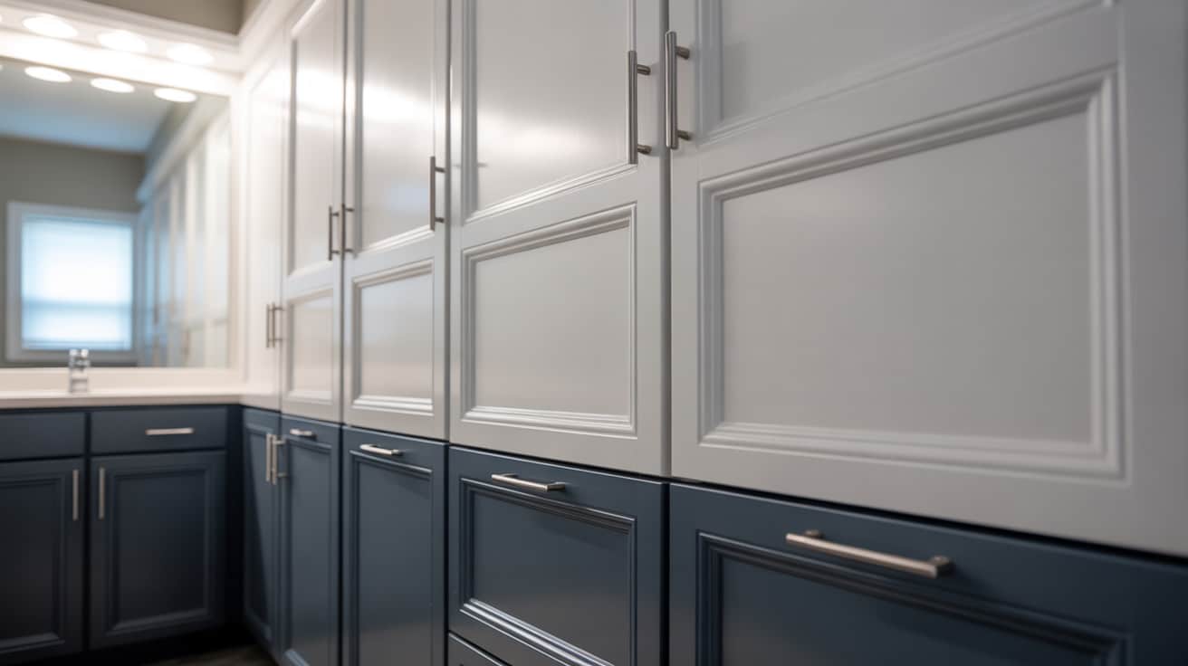 bathroom cabinets painted in two tones creating fresh updated look with clean lines and simple design