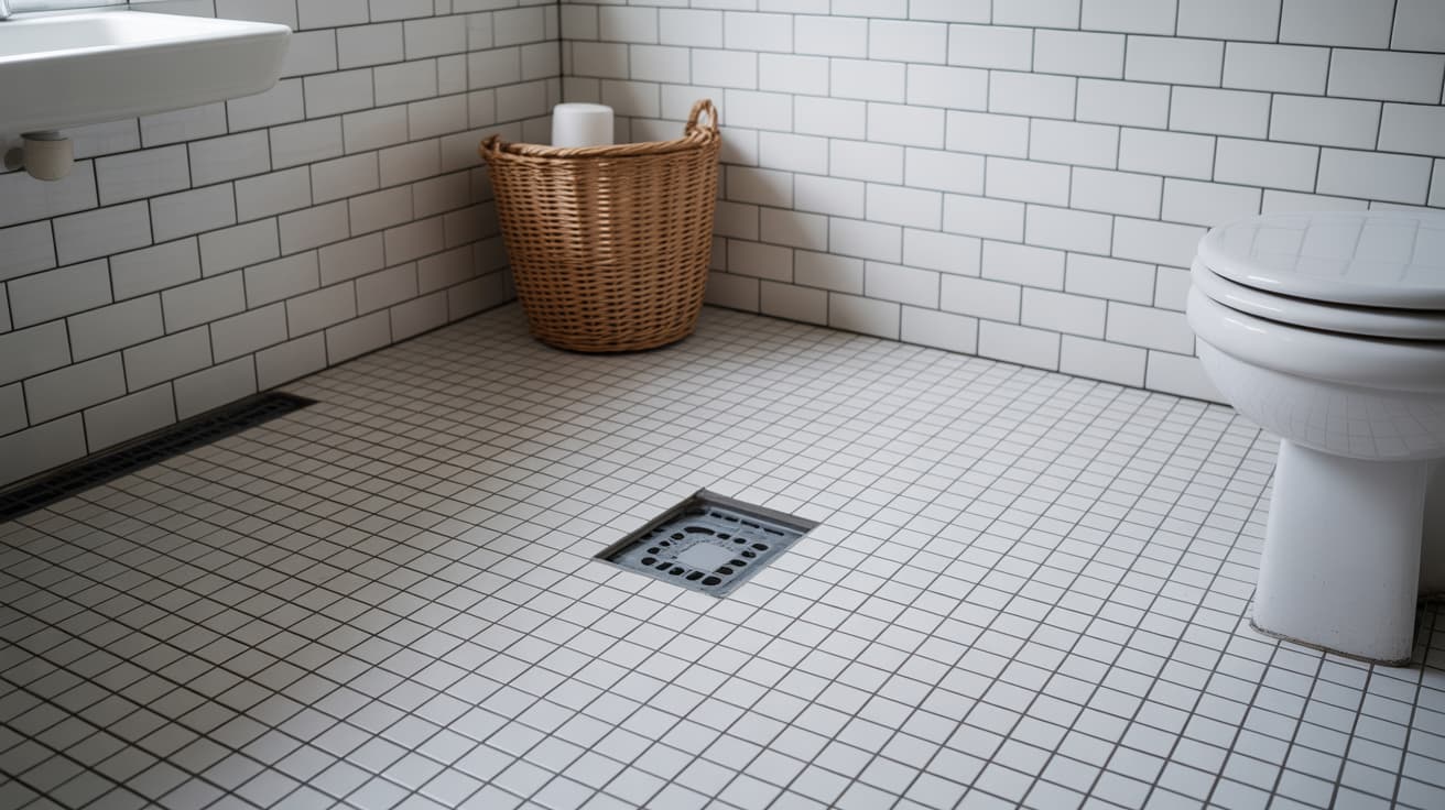 bathroom floor with white tiles and dark grout creating bold contrast clean and modern style