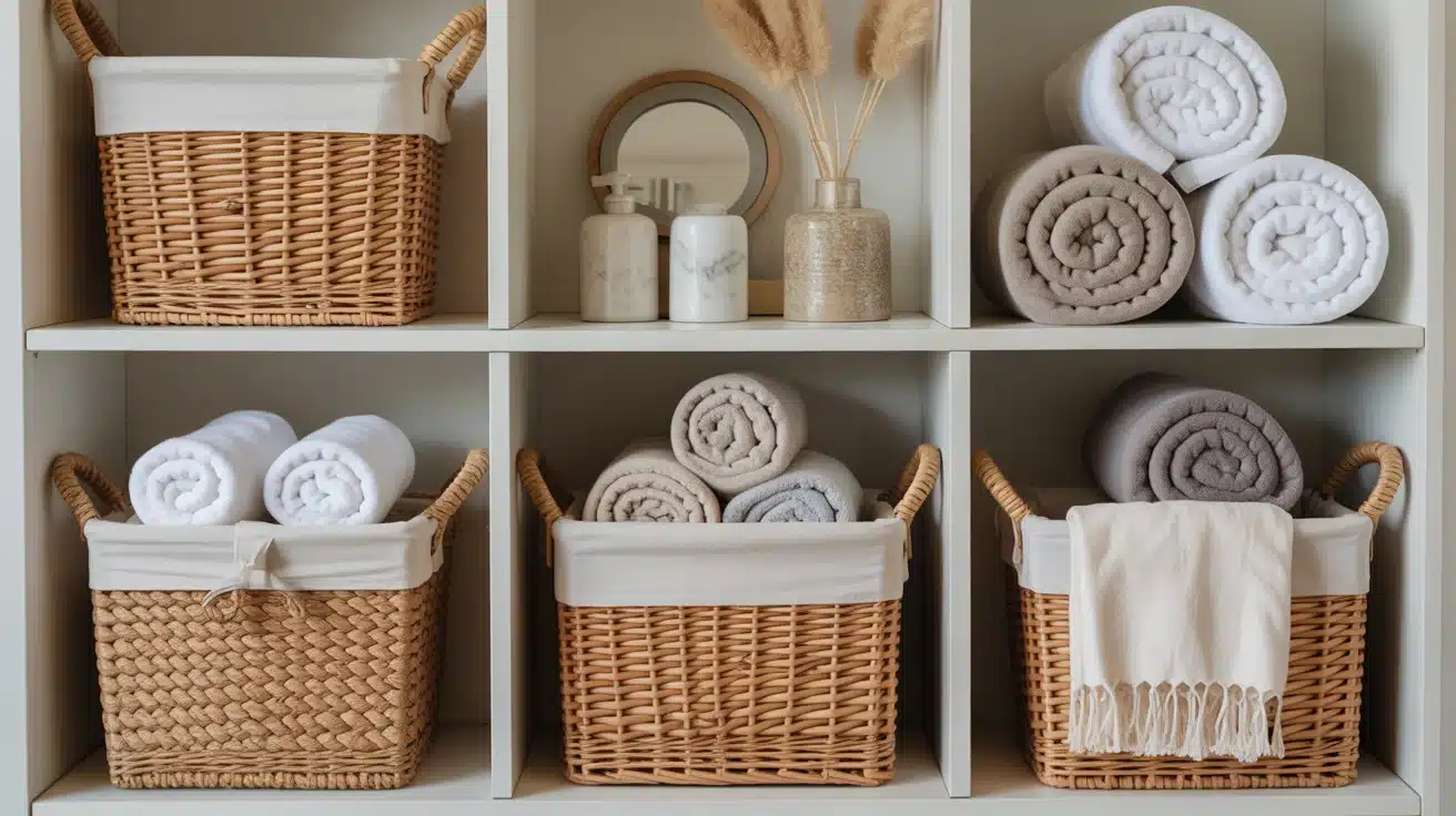 bathroom shelves with woven baskets storing towels and items clean organized natural texture storage
