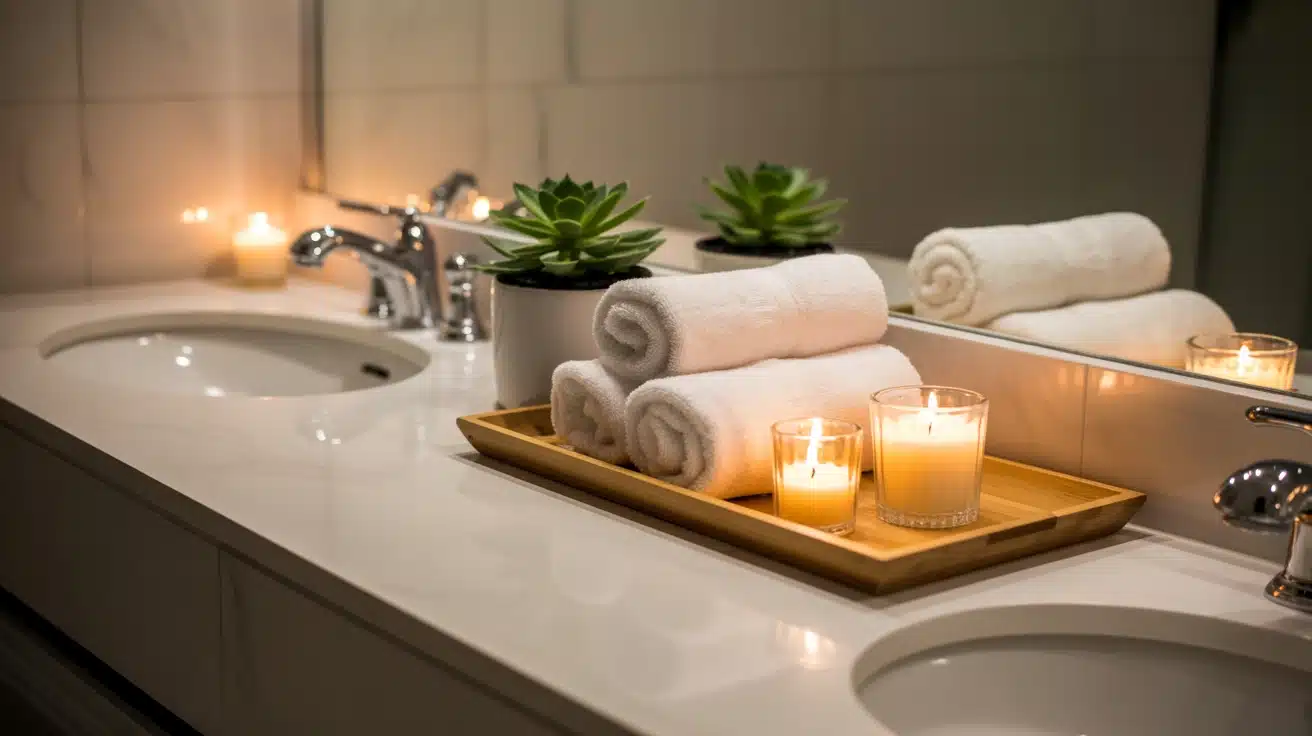 bathroom styled with candles plant and towels creating calm relaxing spa like atmosphere at home