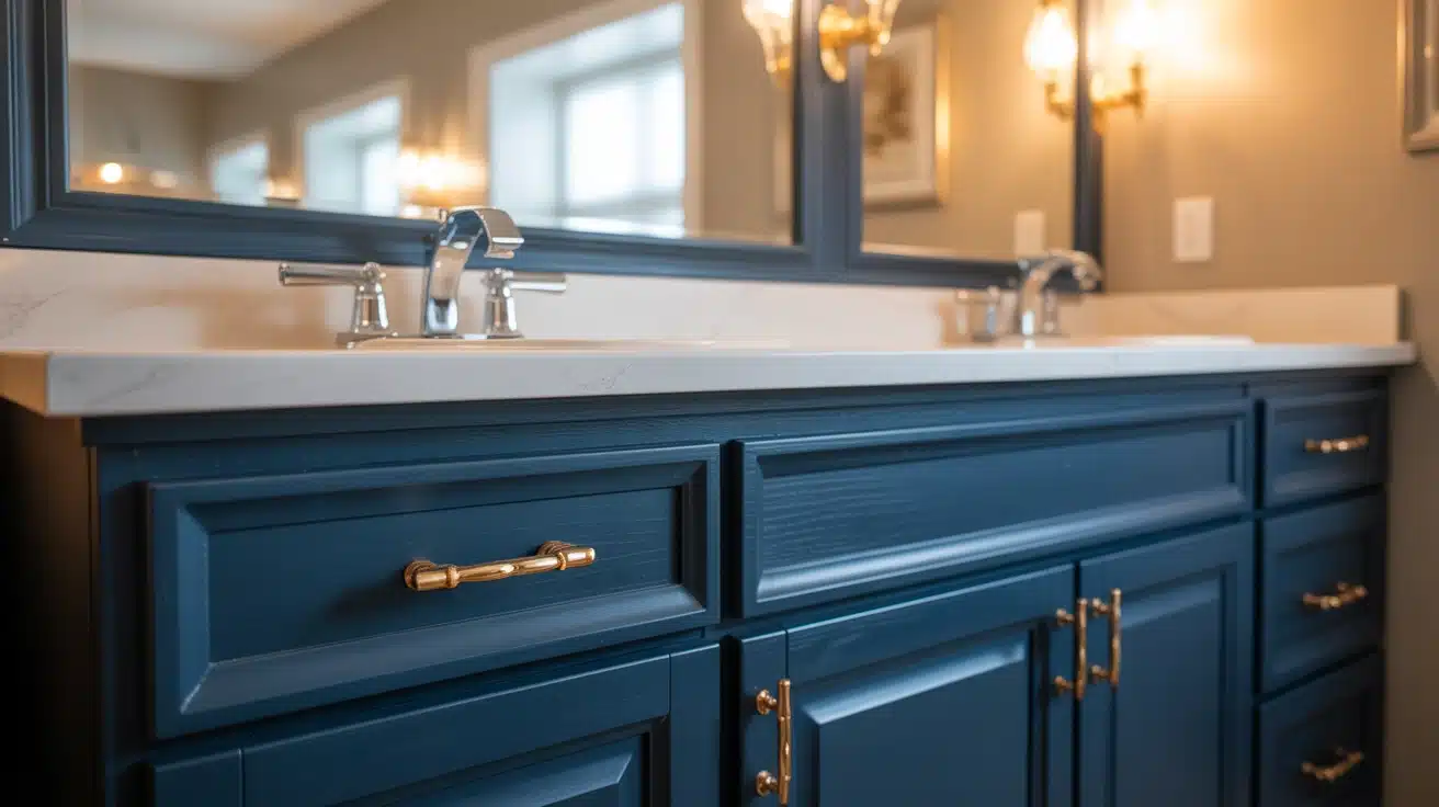 bathroom vanity painted navy with new handles giving updated look without replacing furniture