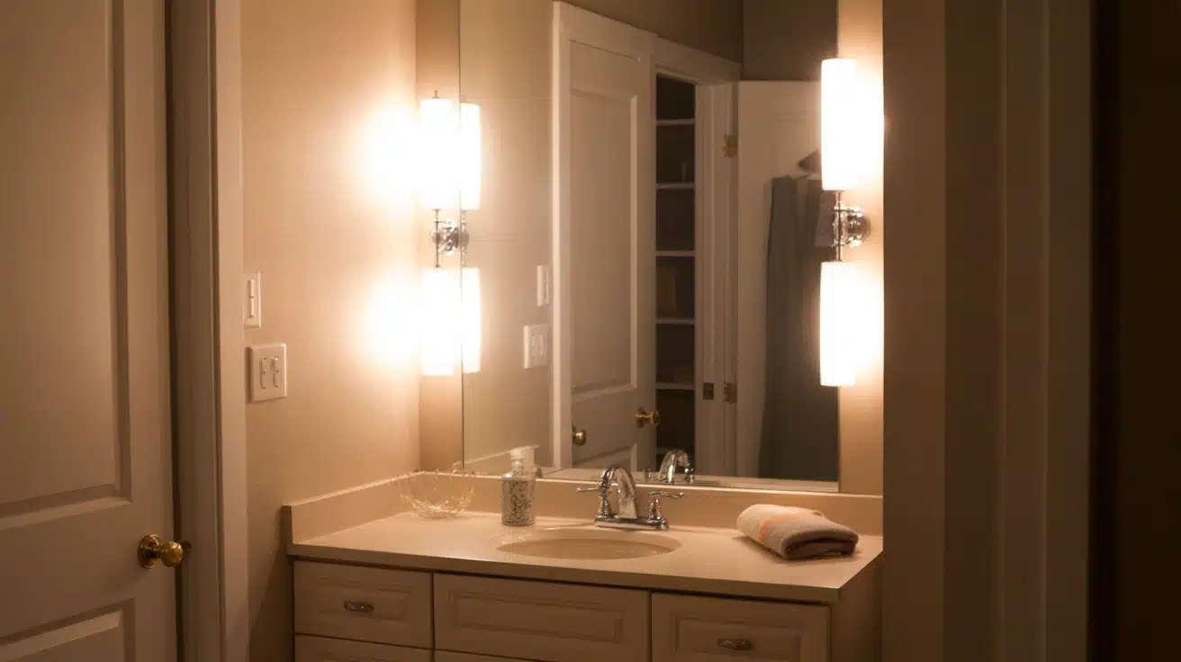 bathroom vanity with warm side lights evenly lighting mirror and sink creating soft balanced lighting effect
