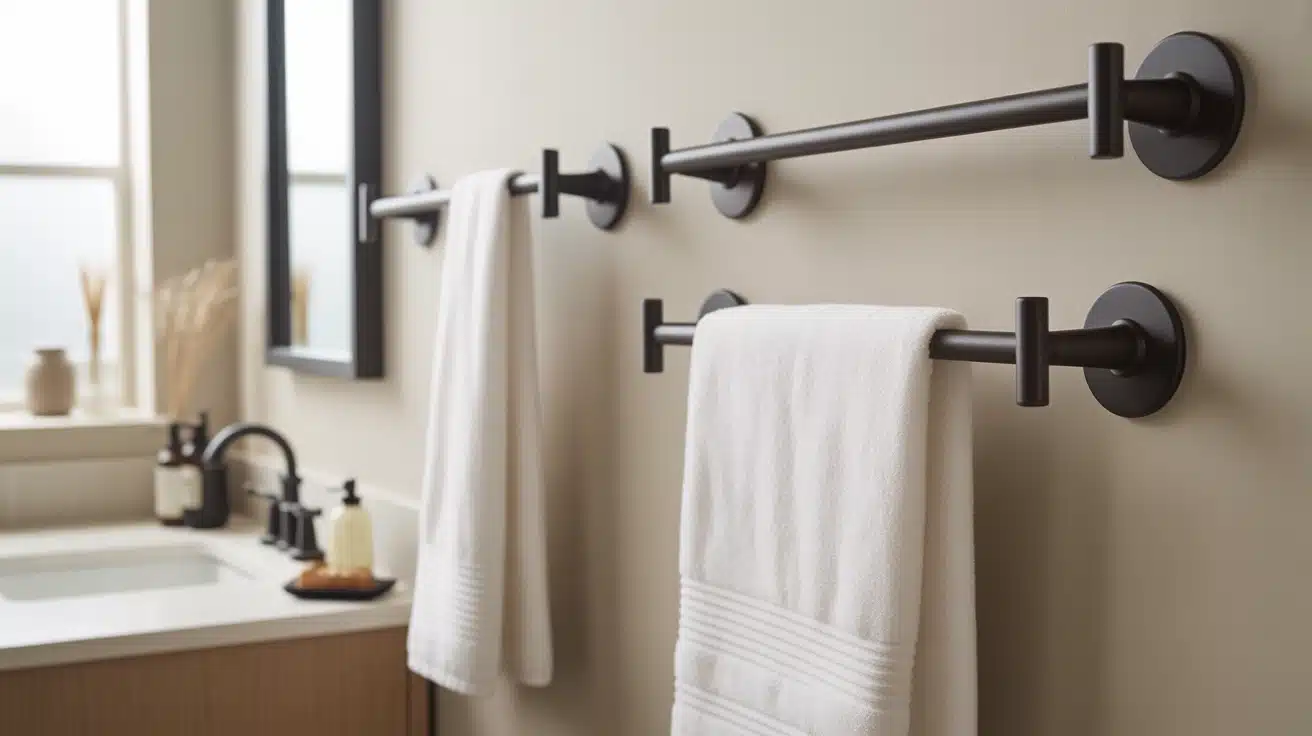 bathroom wall with black towel hooks and neatly hung white towels simple organized and modern look