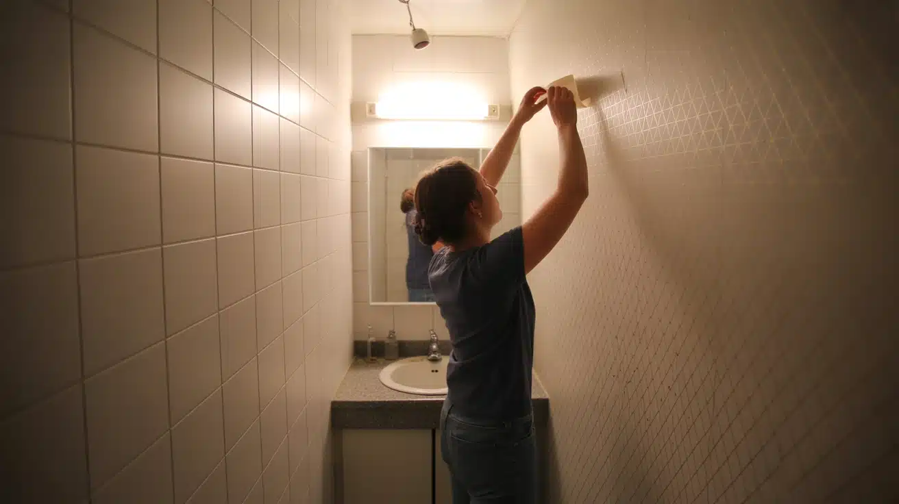 bathroom wall with botanical peel and stick wallpaper being applied smooth finish modern small space update