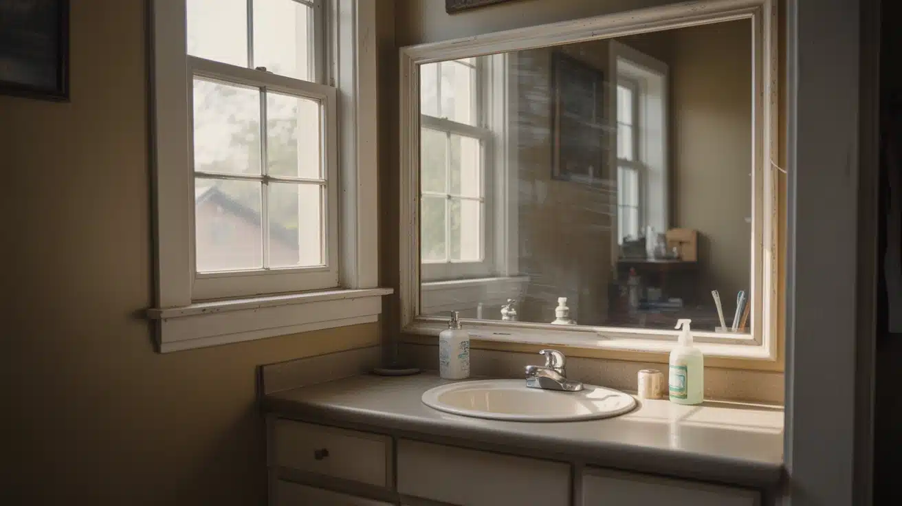 bathroom with large framed mirror reflecting light making space feel bigger and brighter