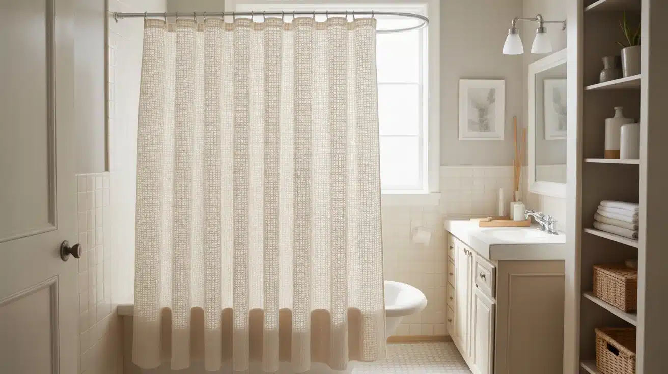 bathroom with long white shower curtain hung high creating taller ceiling look clean and simple upgrade