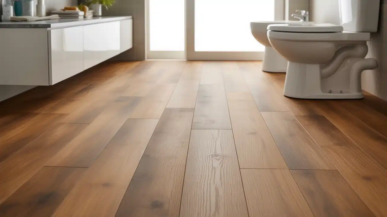 bathroom with wood look vinyl flooring giving modern style durable and budget friendly floor upgrade