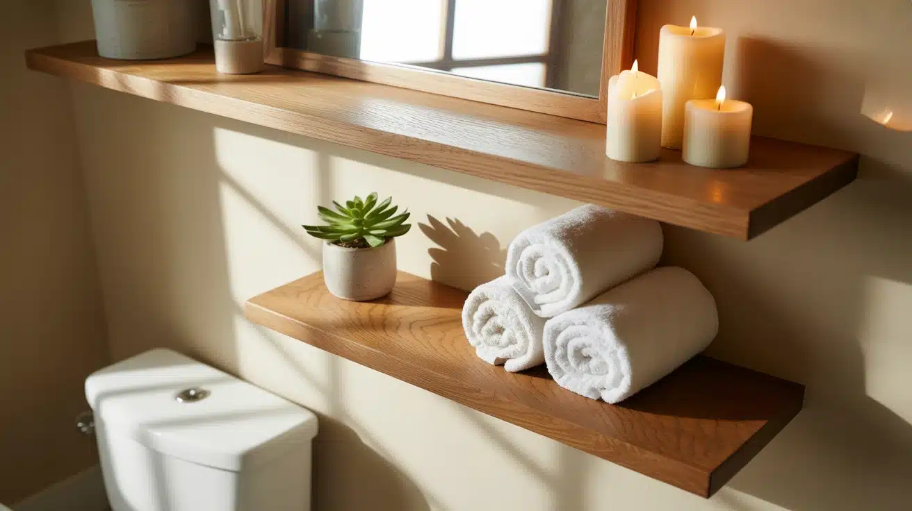 bathroom with wooden floating shelves holding towels plants and candles organized and space saving setup