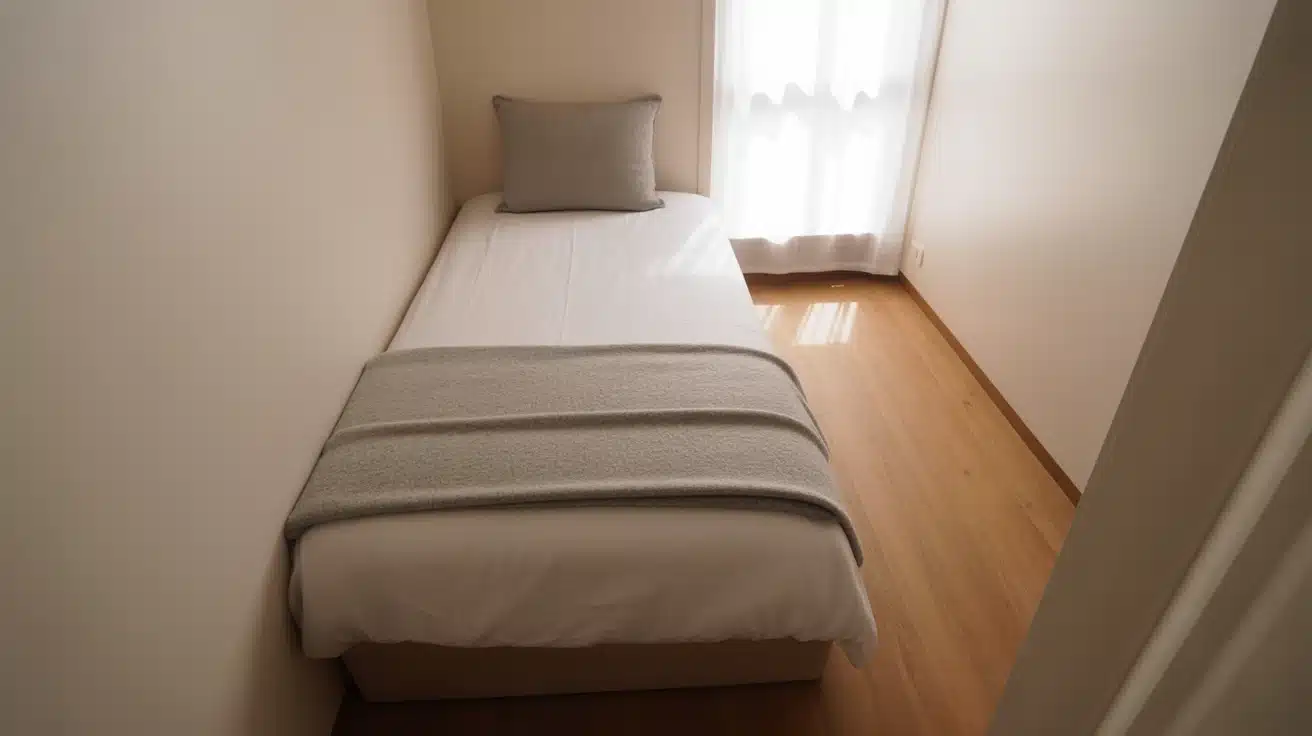 Bed placed in a corner creating more floor space in a small bedroom