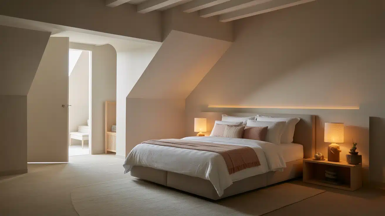 bedroom with bed placed diagonally opposite the door against a solid wall promoting restful energy flow