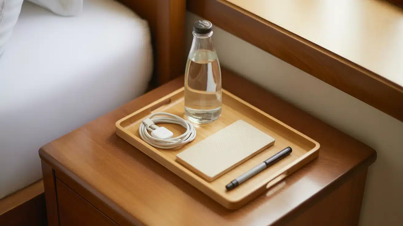 Bedside essentials tray in a small guest bedroom