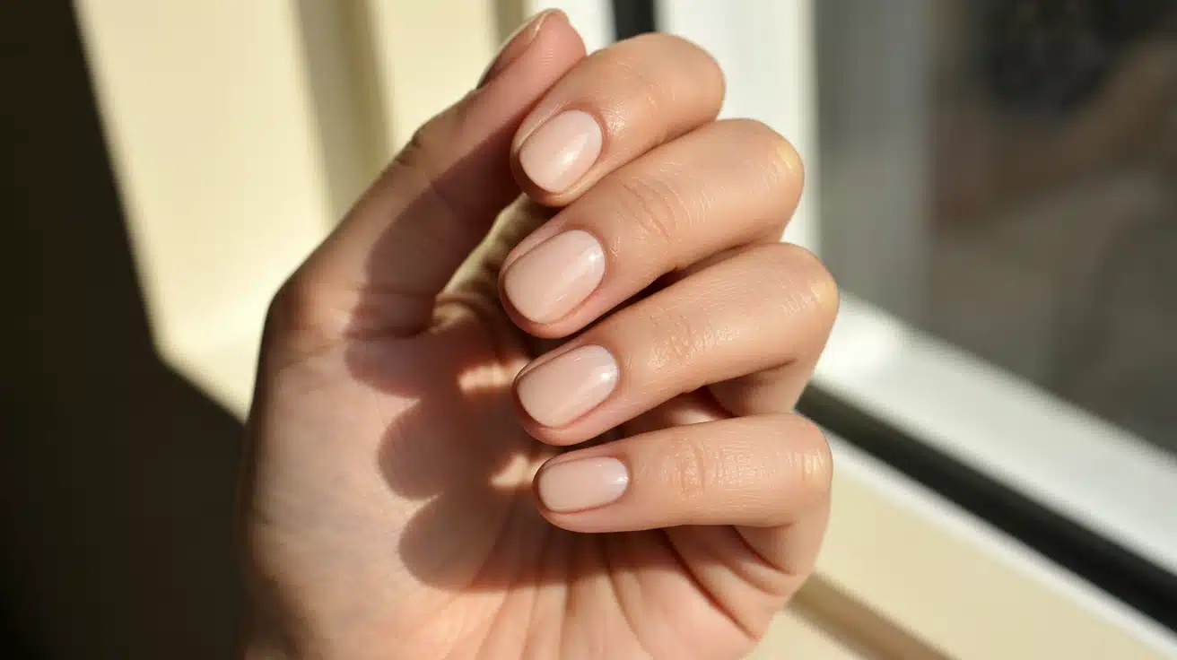beige nails with smooth glossy finish blending closely with skin tone for a soft neutral and understated appearance