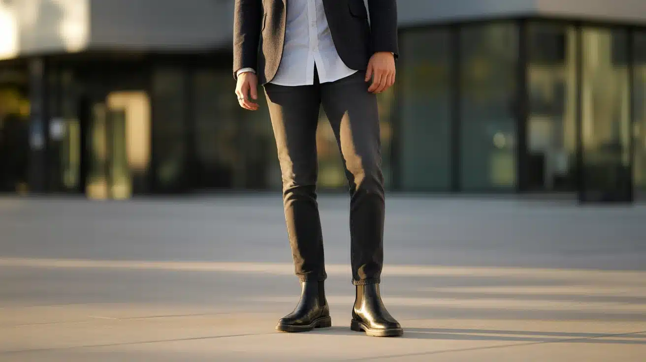 black chelsea boots with slim black jeans in a sunny sharp outfit with clean city style