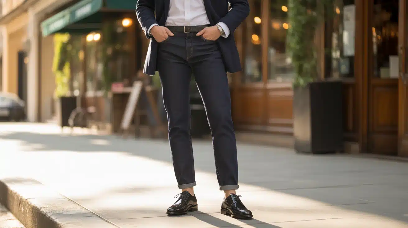 black oxfords with dark straight jeans in a sunny dressed up denim outfit for smart days