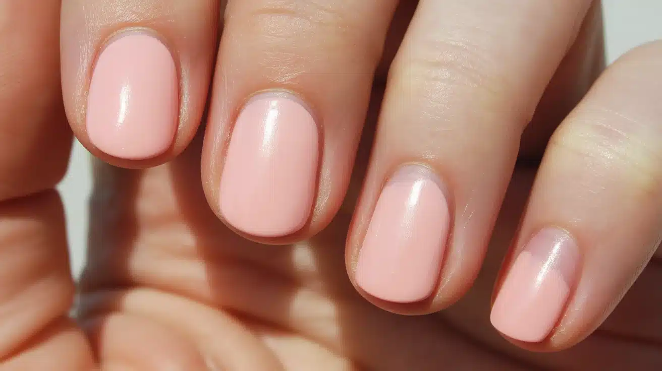 blush pink nails with even coverage providing a soft feminine tone that still feels natural and wearable