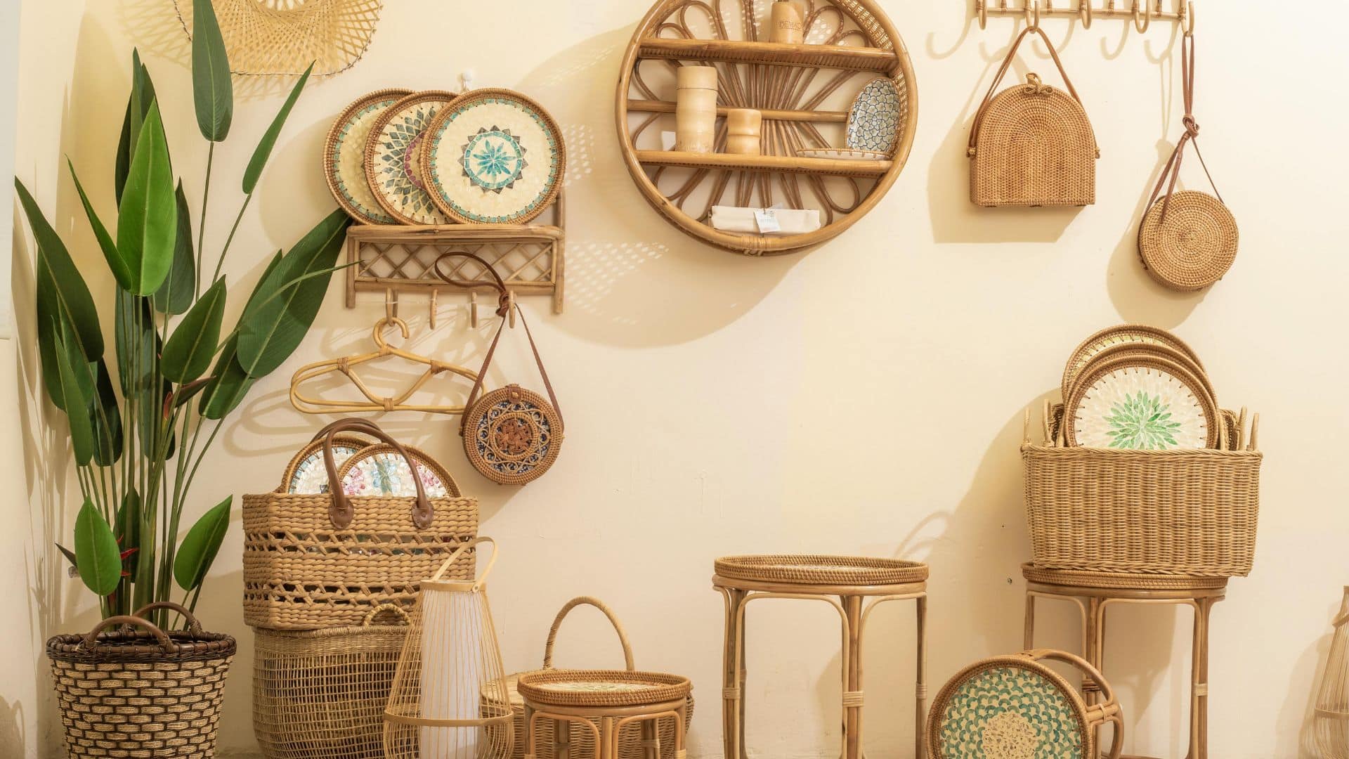 bohemian wall decor with woven baskets, rattan shelves, handmade bags, and indoor plant, styled with natural textures and earthy tones