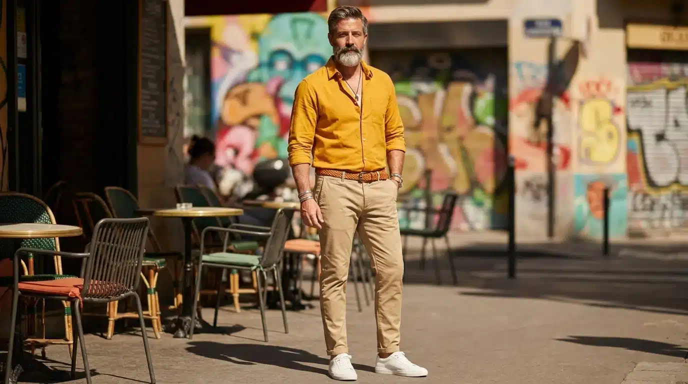 bold mustard shirt paired with khakis, balanced with neutral accessories for a standout outfit