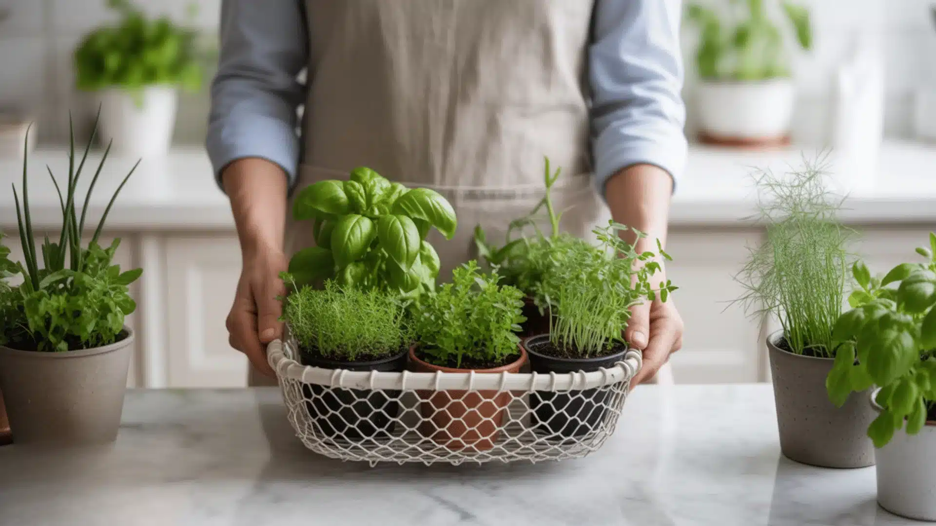 bright, airy interior scene with a white wire mesh basket containing small potted herbs and plants
