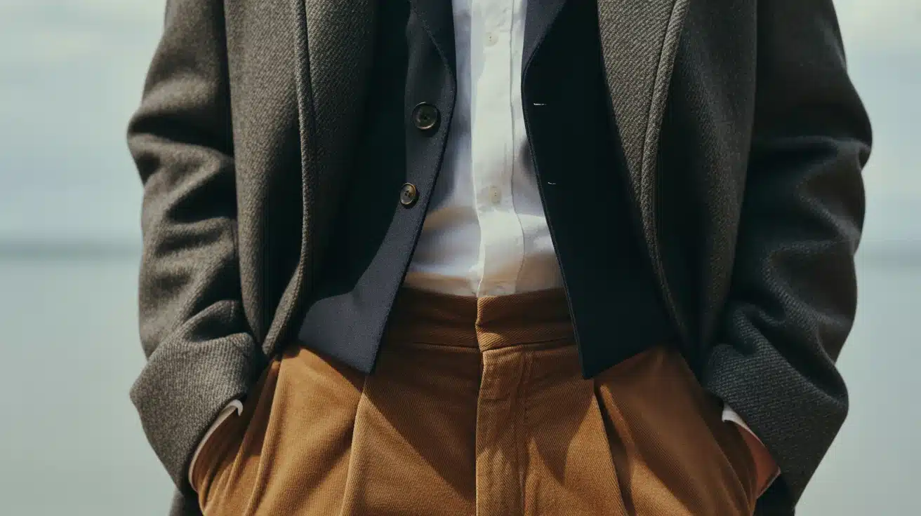 Brown chinos and a wool coat for a sharp winter outfit
