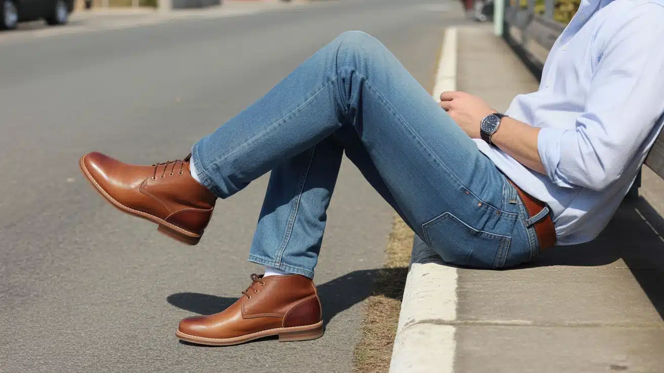 brown chukka boots with straight raw denim jeans in a sunny relaxed outfit with neat shape (2)